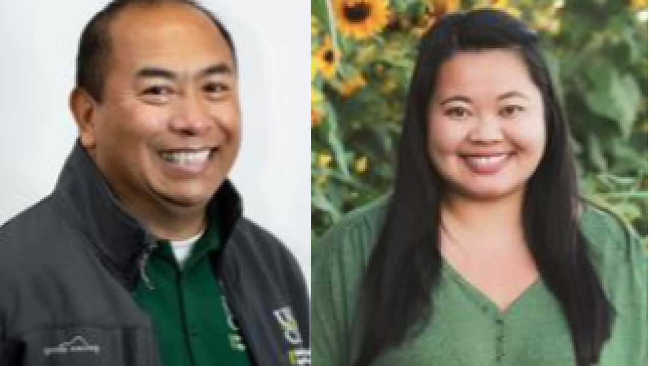 Profile pictures of speakers: Man smiles in front of white background, woman smiles in front of sunflower field