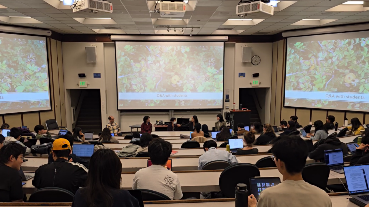 A view from the back of the lecture hall of students facing the four panelists.