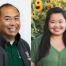 Profile pictures of speakers: Man smiles in front of white background, woman smiles in front of sunflower field